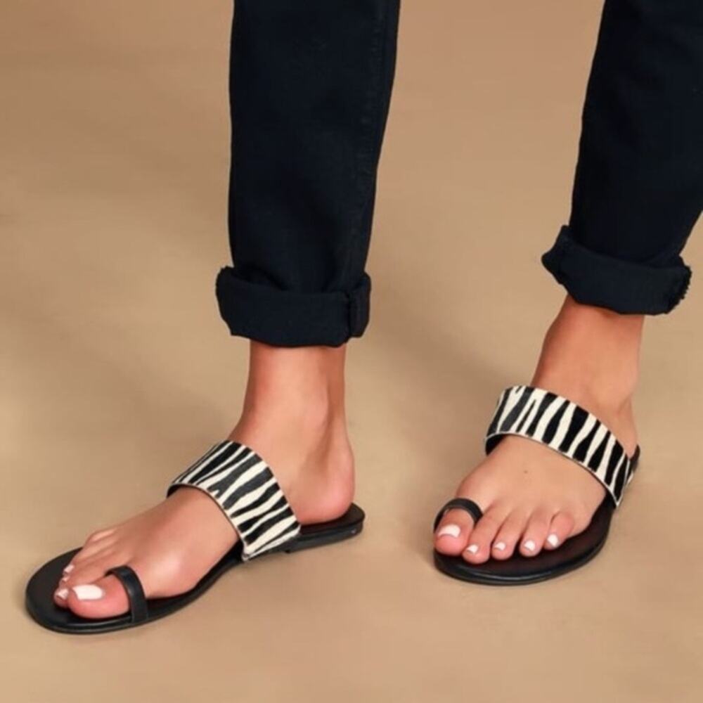 Lulus Tessa Black Zebra Calf Hair Toe-Loop Sandals